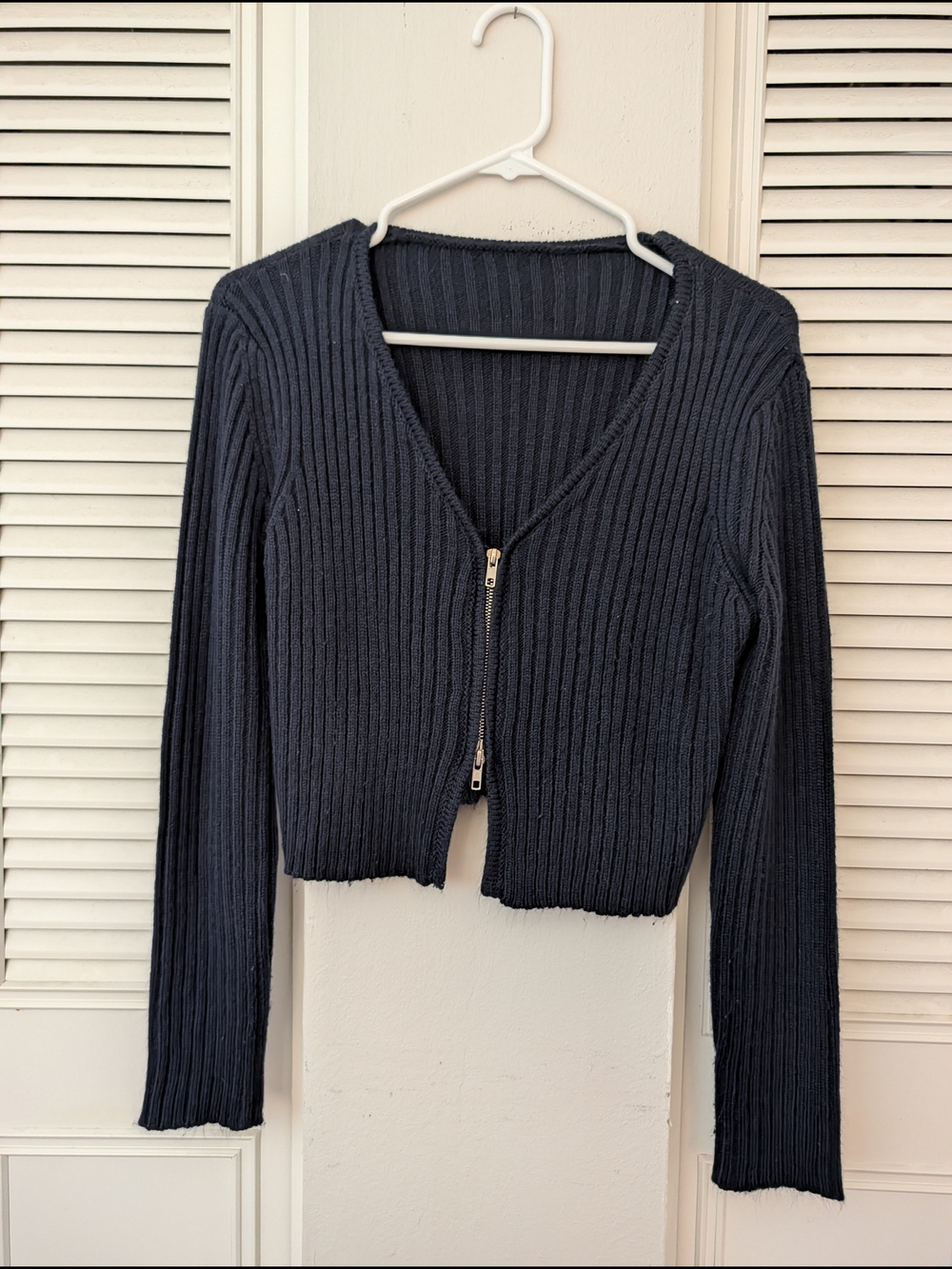 Classic Cropped Ribbed Zip-Front Women's Cardigan Sweater - Navy
